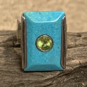 Jay King Ring Size 6.5 Sterling Silver, Turquoise w/ Peridot Wide Band Eclectic